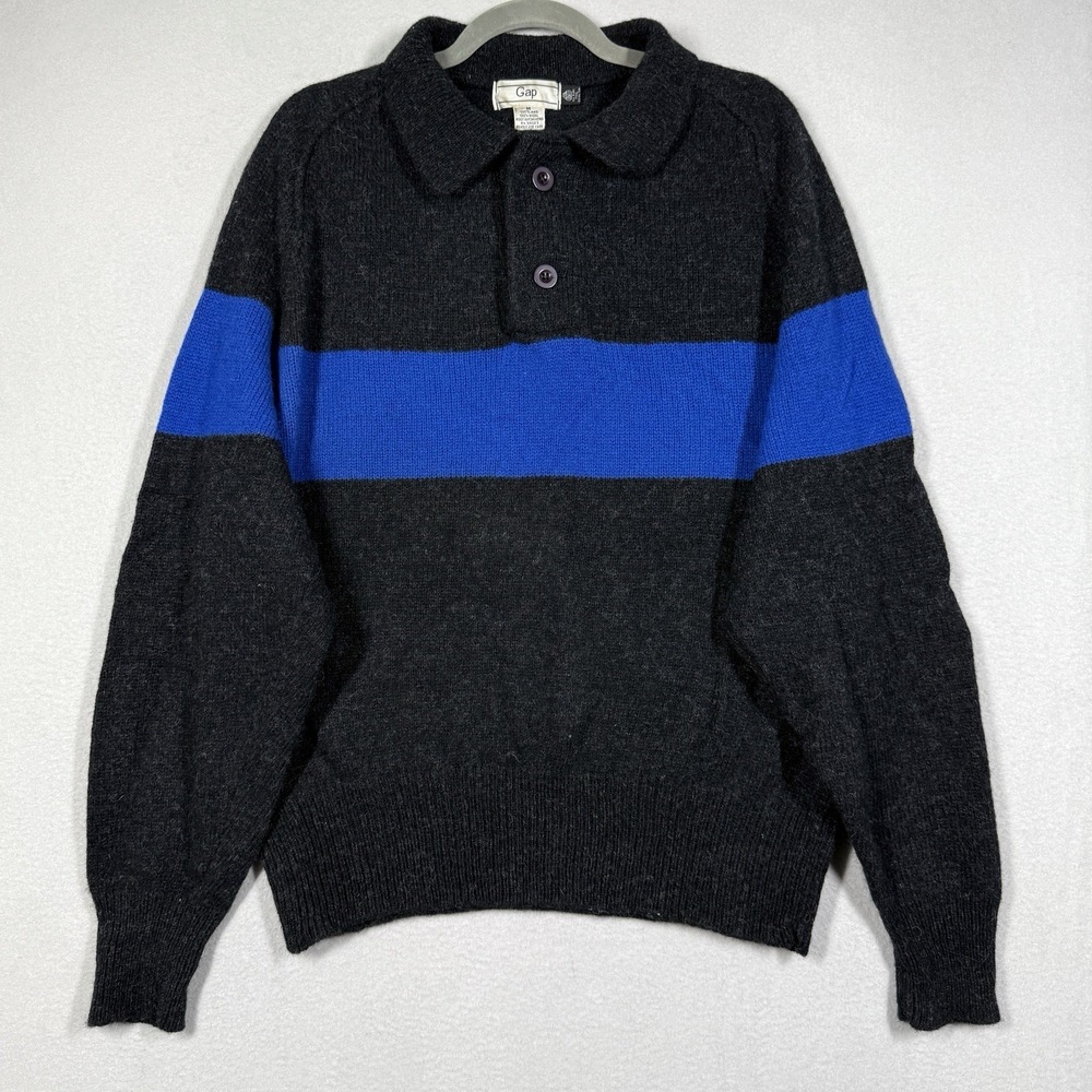 Vintage 80s GAP Sweater Mens Medium Henley Rugby 100% Shetland Wool Chest Stripe